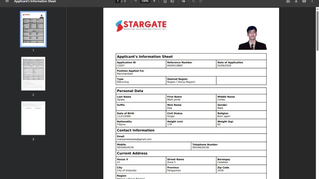 PDF generation of applicant information for download.