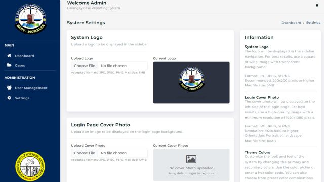 Configuration screen that allows administrators to personalize the app’s appearance, including the welcome screen cover image, system logo, and theme colors.