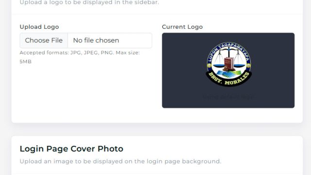 Configuration screen that allows administrators to personalize the app’s appearance, including the welcome screen cover image, system logo, and theme colors.