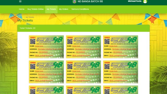 My Tickets page where customers can view their inventory of raffle tickets or entries.