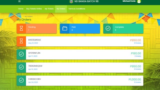 My Orders page for customers to review and track their ticket purchases.