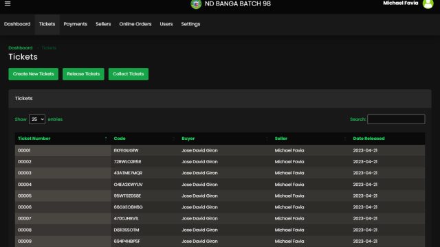 Tickets module for generating, monitoring, and distributing tickets to sellers and the online shop.