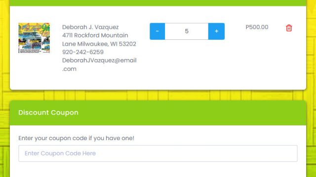 Shopping cart displaying order details, applying coupons, and calculating the total cost.