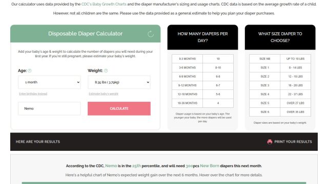 Diaper Calculator Plugin Frontend, a tool that can be embedded into any page or post.